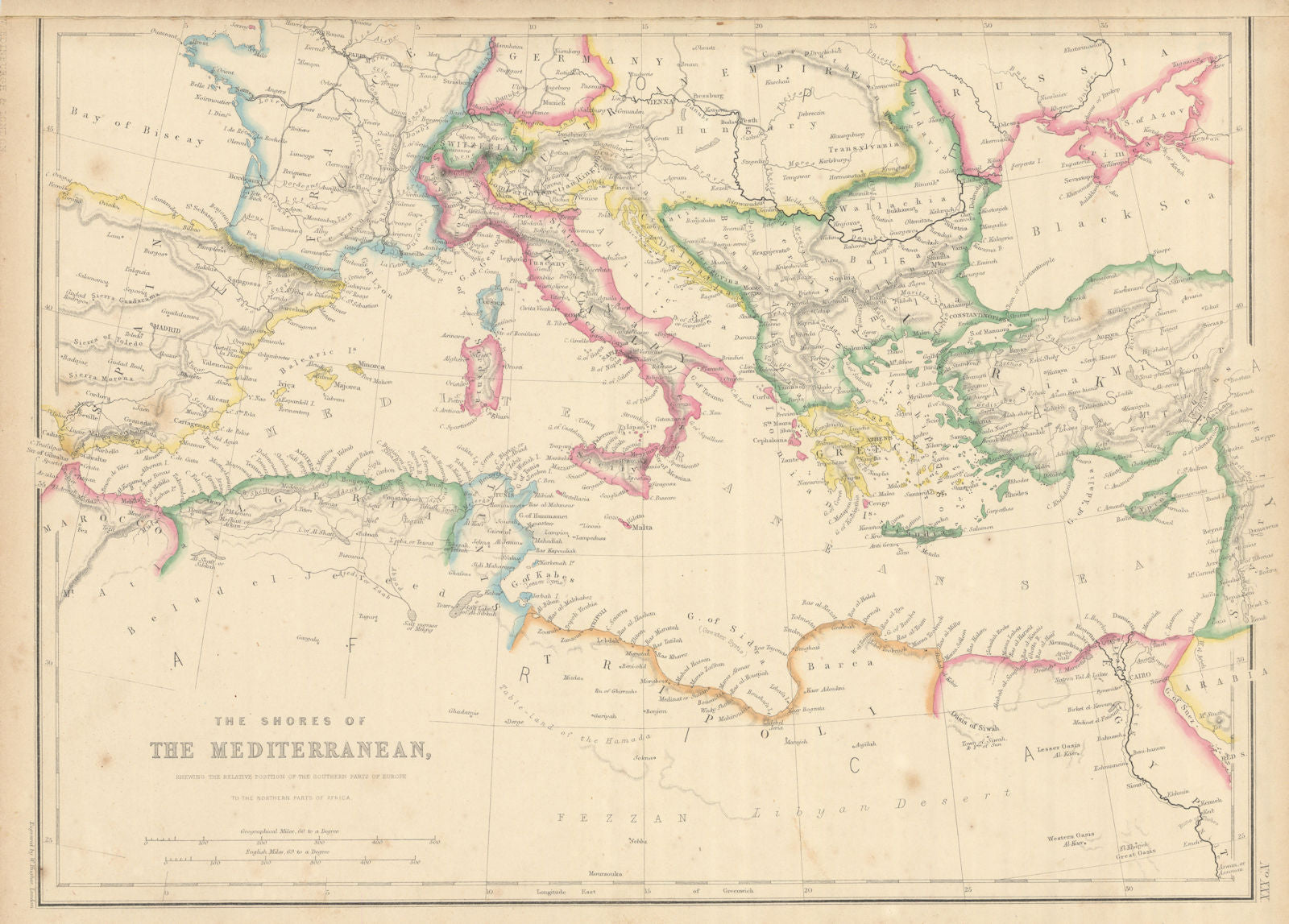 The Shores of the Mediterranean Sea. HUGHES 1860 old antique map plan chart